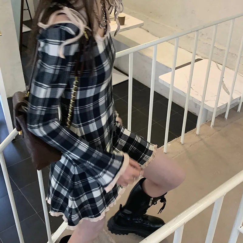 Spring Plaid Lolita Dress Women Elegant Japanese Kawaii Paty Mini Dress Female Casual High Street Korean Dress Women  New