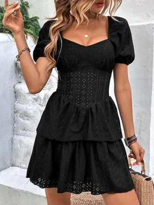 Square Neck Tunic Dress with Puff Sleeves and Layered Skirt