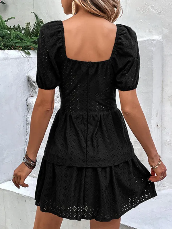 Square Neck Tunic Dress with Puff Sleeves and Layered Skirt