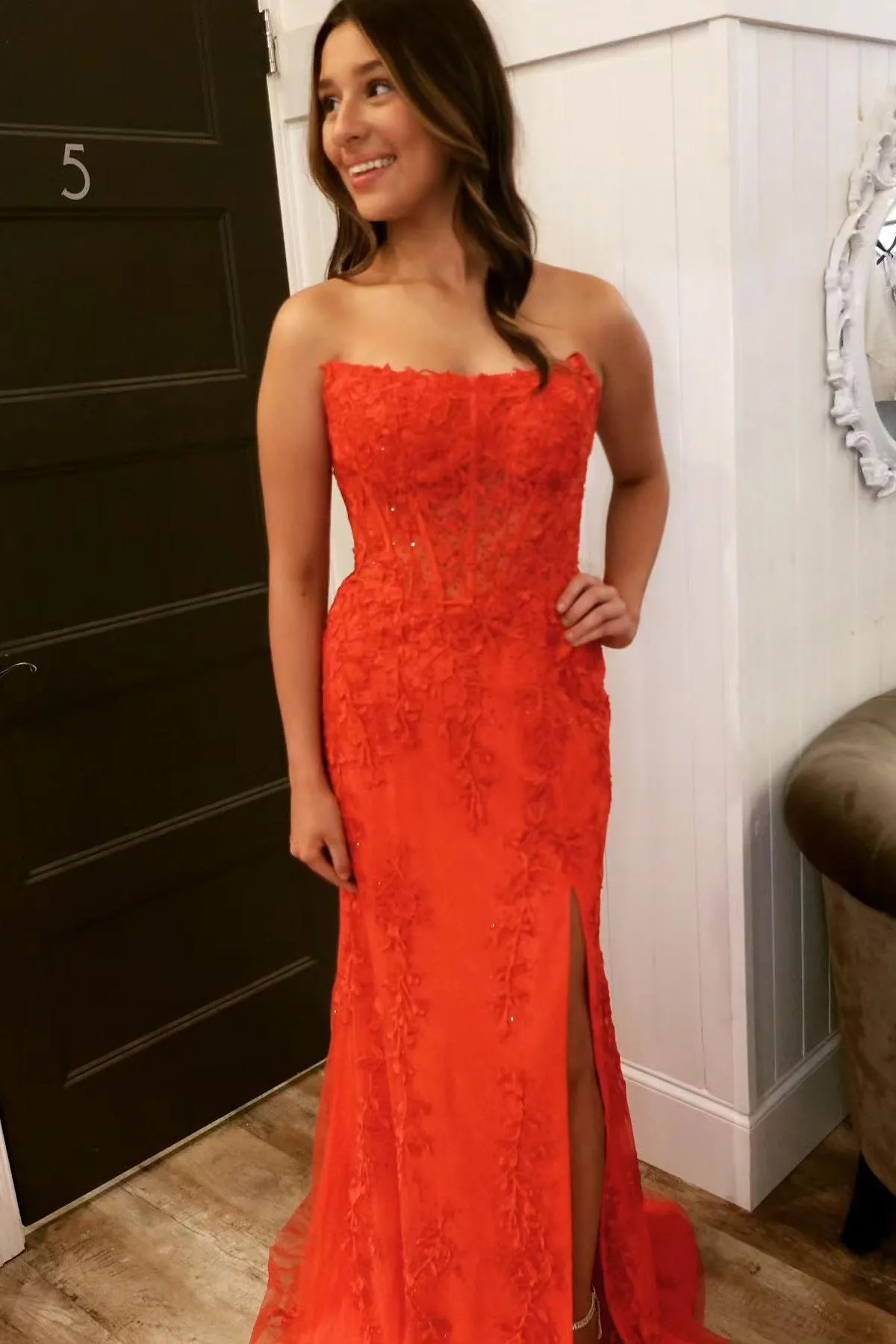 Strapless Hot Pink Lace Mermaid Prom Dress