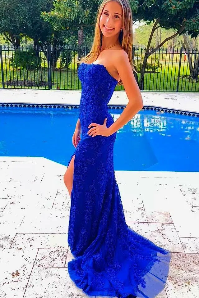 Strapless Hot Pink Lace Mermaid Prom Dress