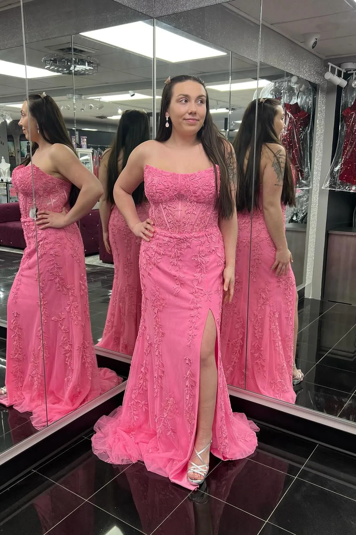 Strapless Hot Pink Lace Mermaid Prom Dress