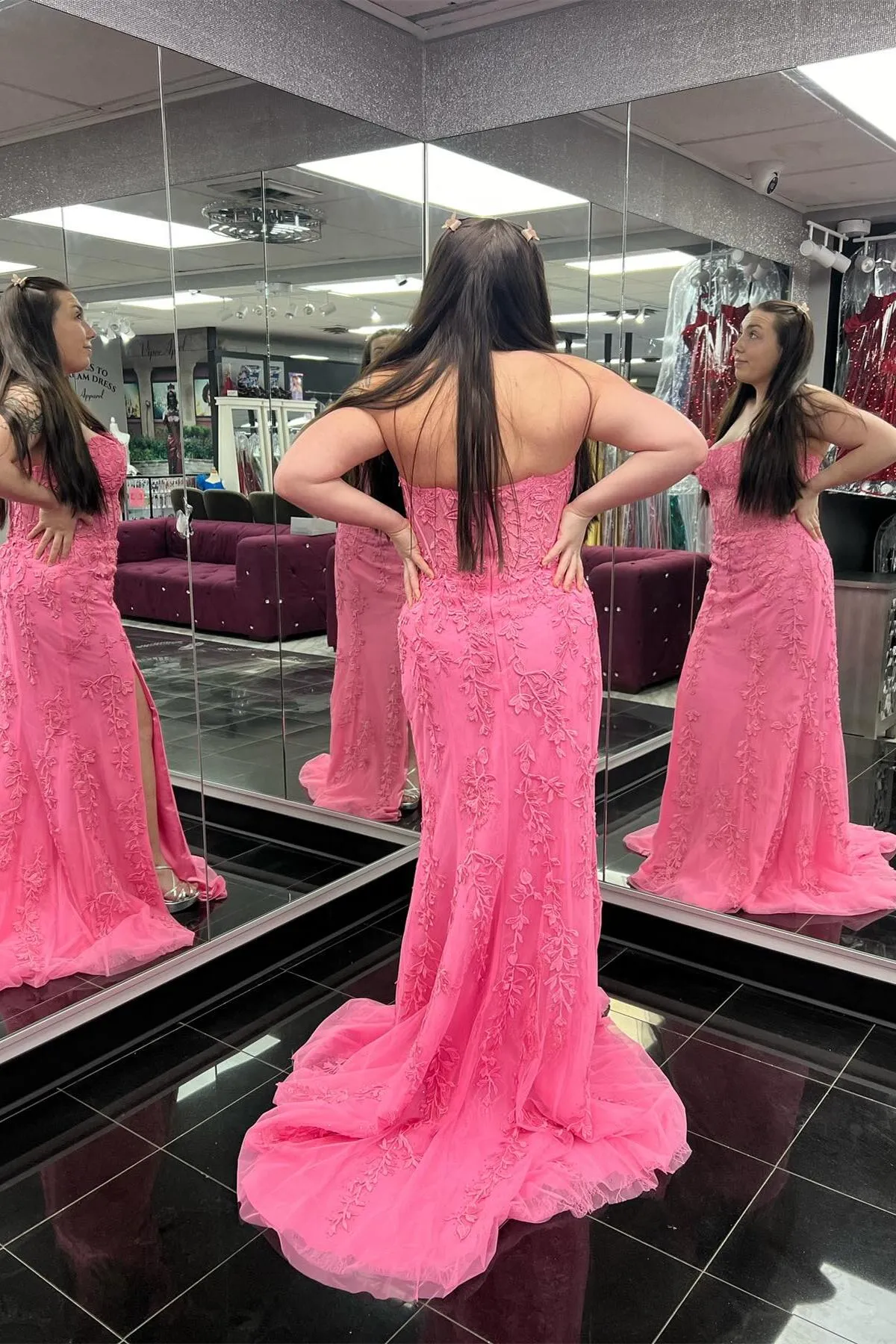 Strapless Hot Pink Lace Mermaid Prom Dress