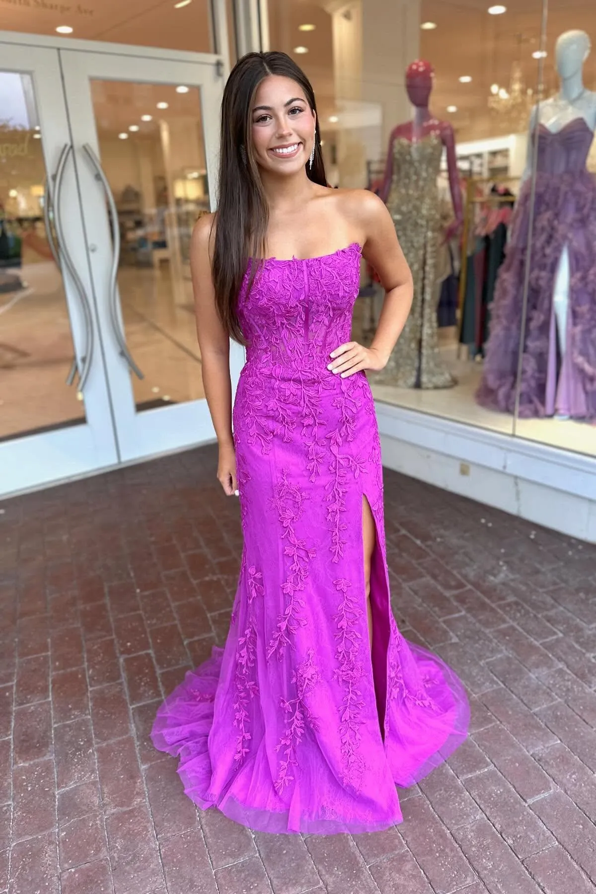 Strapless Hot Pink Lace Mermaid Prom Dress