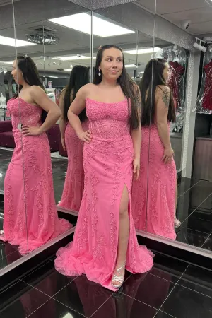 Strapless Hot Pink Lace Mermaid Prom Dress