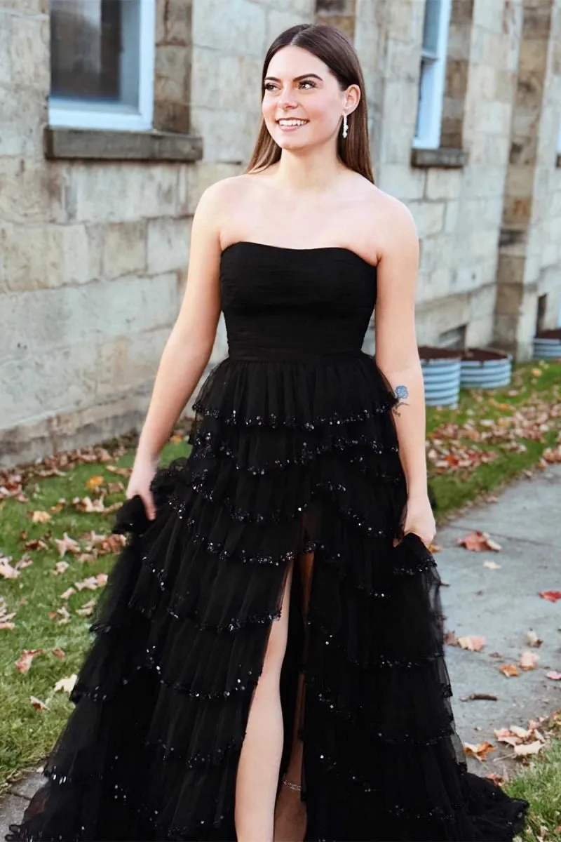 Strapless Layered Tulle Prom Dresses with Sequins