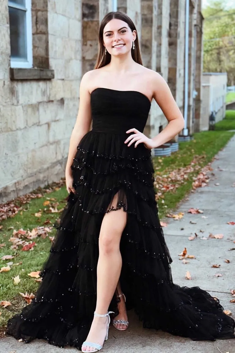 Strapless Layered Tulle Prom Dresses with Sequins