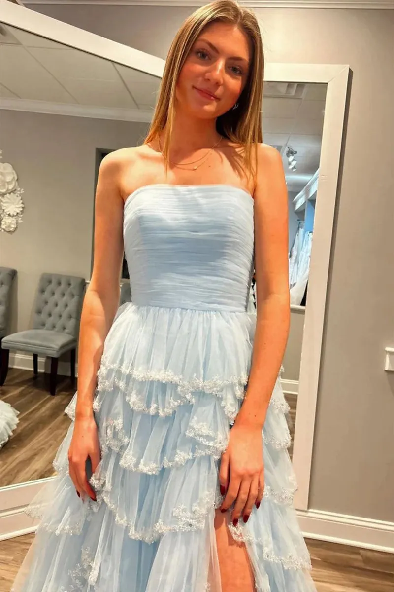 Strapless Layered Tulle Prom Dresses with Sequins