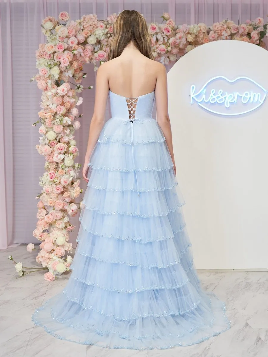 Strapless Layered Tulle Prom Dresses with Sequins