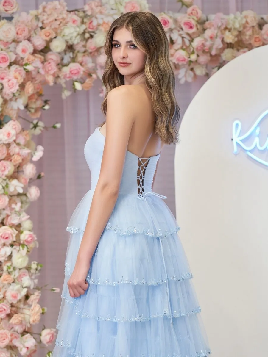 Strapless Layered Tulle Prom Dresses with Sequins