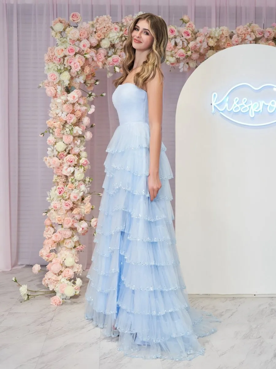 Strapless Layered Tulle Prom Dresses with Sequins