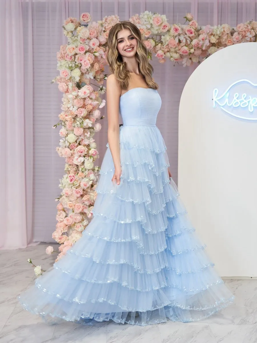 Strapless Layered Tulle Prom Dresses with Sequins