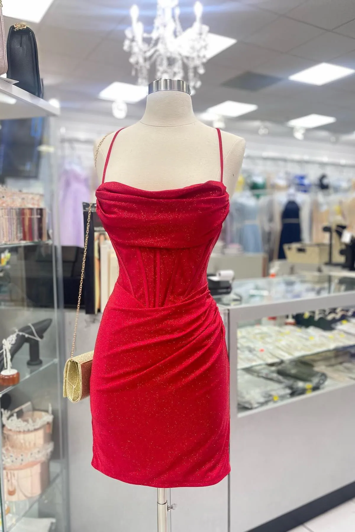 Straps Cowl Neck Red Tight Mini Dress