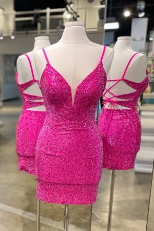 Straps Hot Pink Bodycon Mini Party Dress