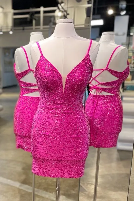 Straps Hot Pink Bodycon Mini Party Dress