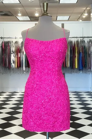 Straps Hot Pink Sequin Bodycon Mini Homecoming Dress