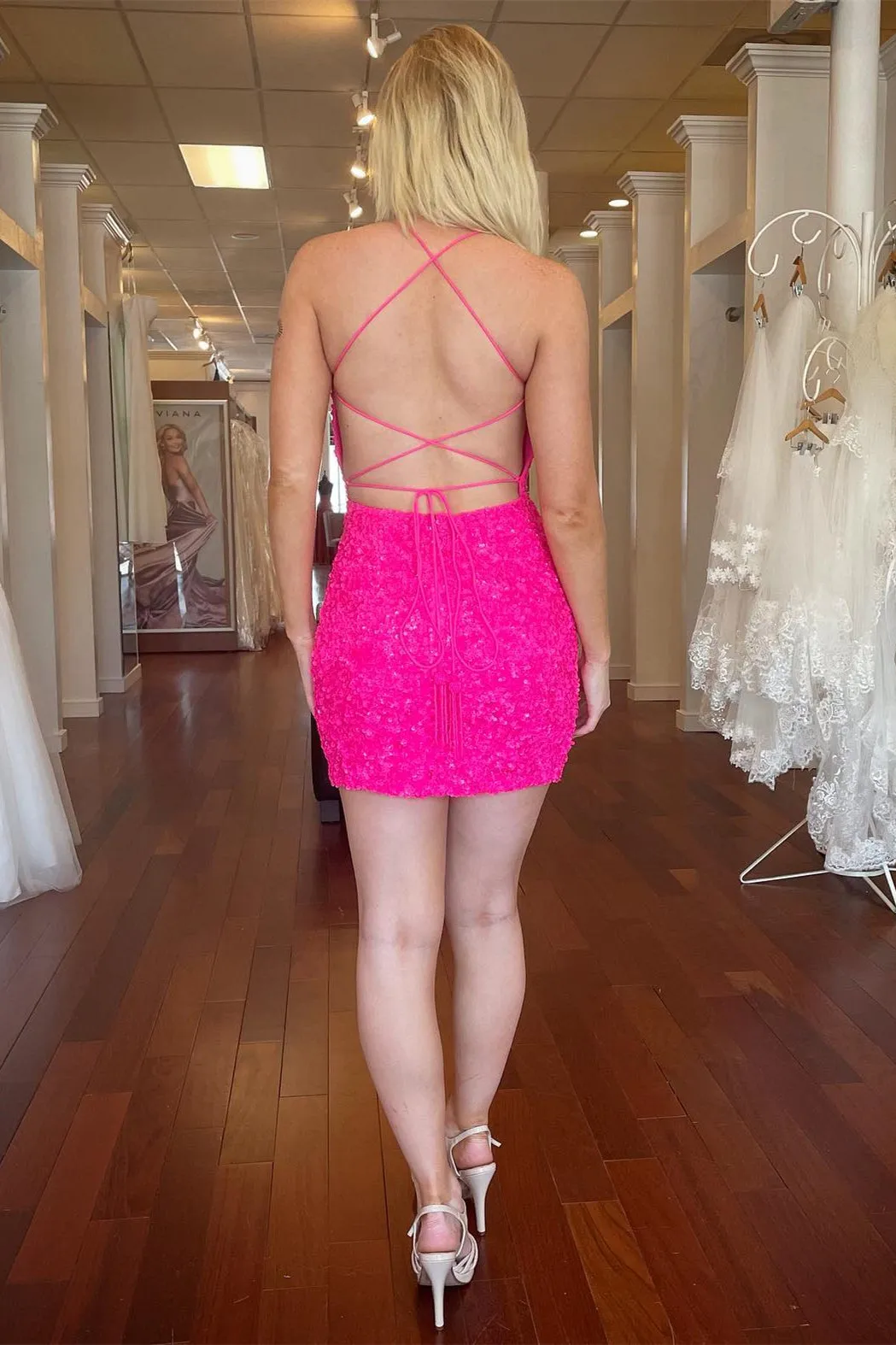 Straps Hot Pink Sequin Bodycon Mini Homecoming Dress
