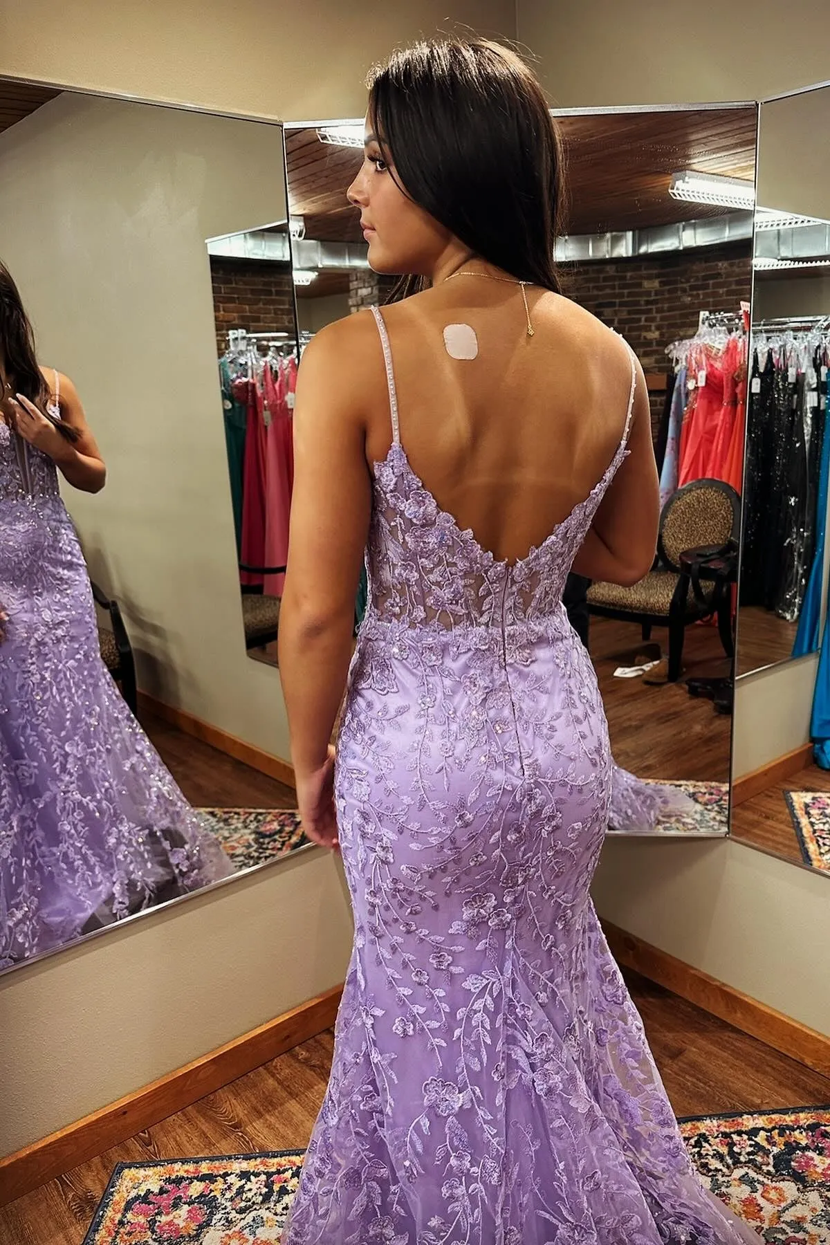 Straps Lavender Lace Appliques Mermaid Long Formal Dress
