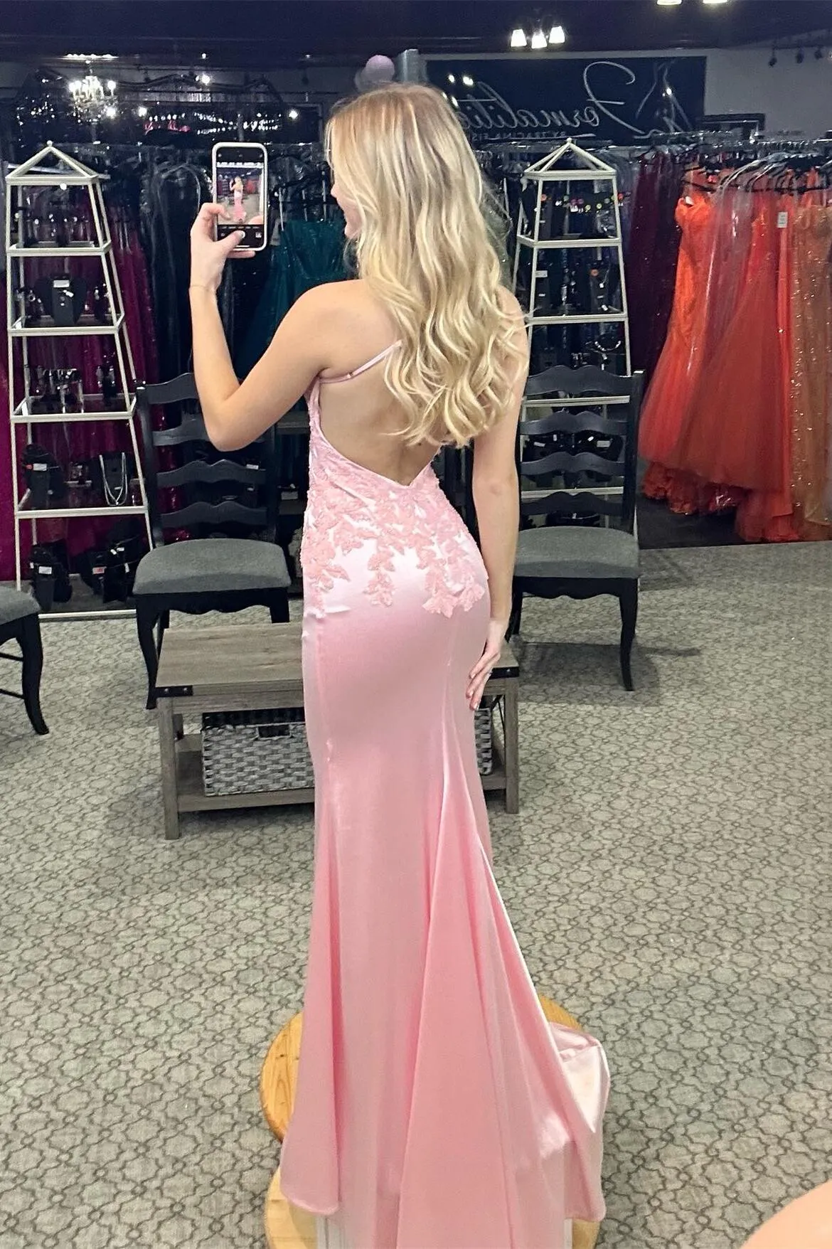 Straps Pink Appliques Mermaid Formal Dress