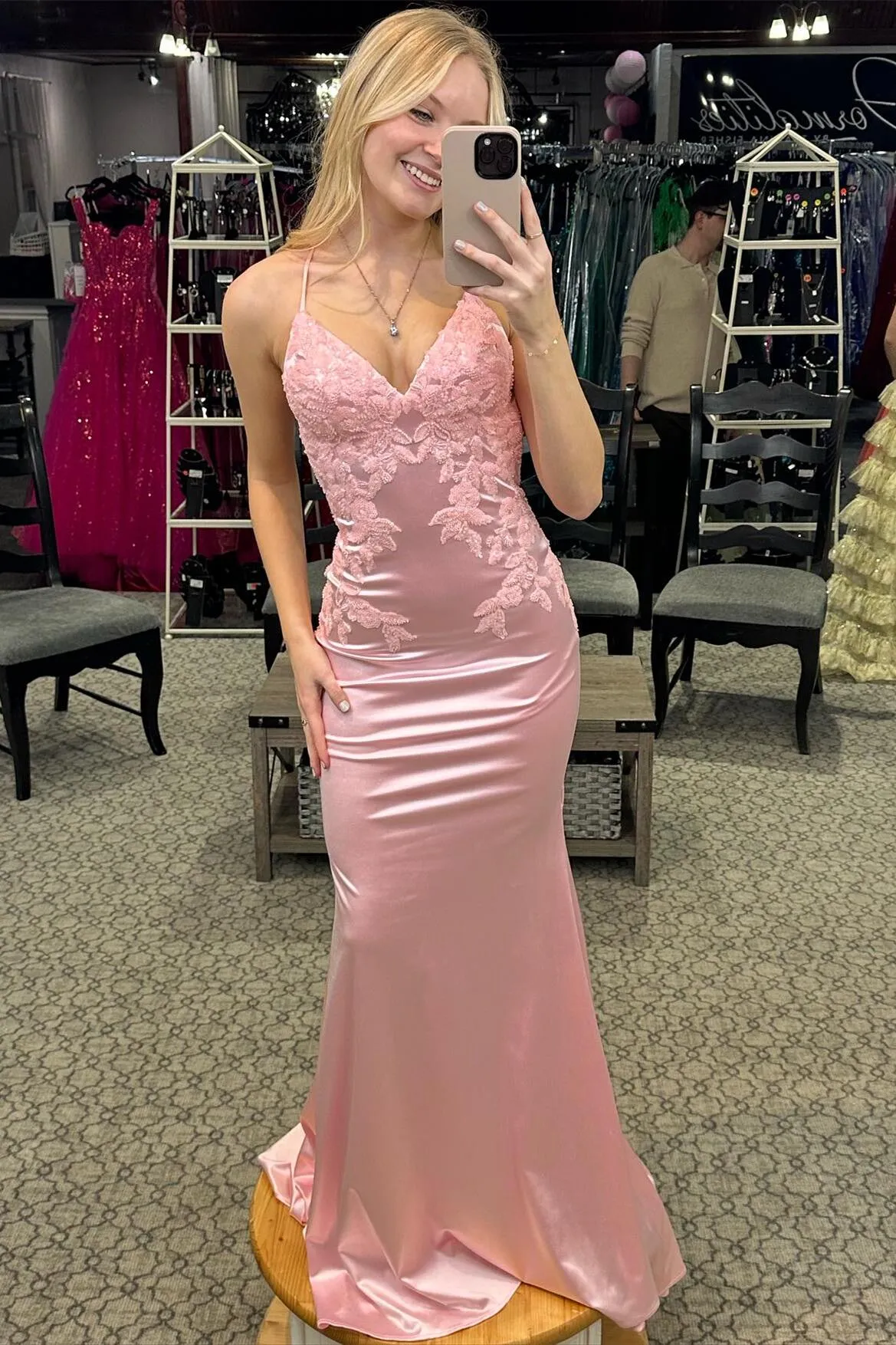 Straps Pink Appliques Mermaid Formal Dress