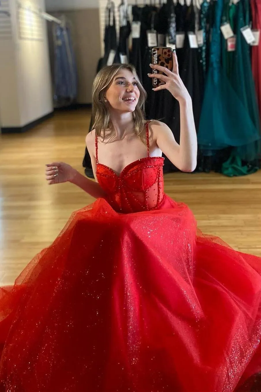 Straps Red Beaded Corset A-line Long Formal Dress with Slit