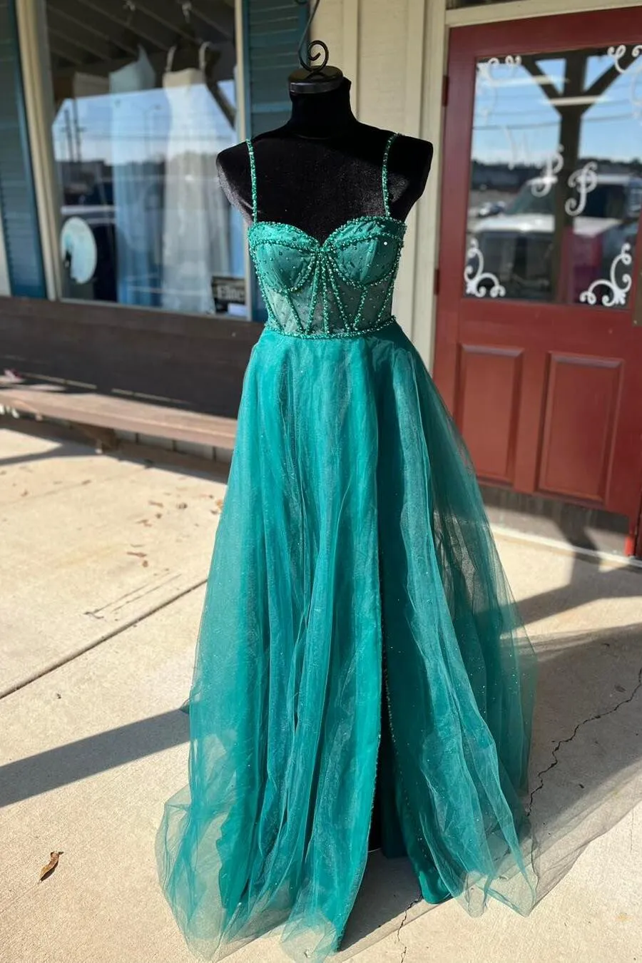 Straps Red Beaded Corset A-line Long Formal Dress with Slit