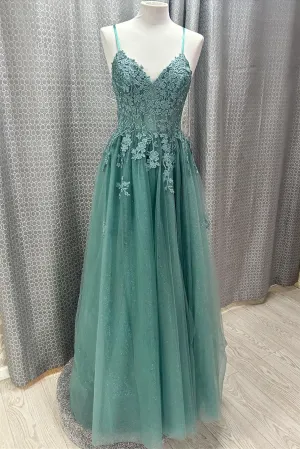 Straps Teal Green Lace Appliques Long Prom Dress
