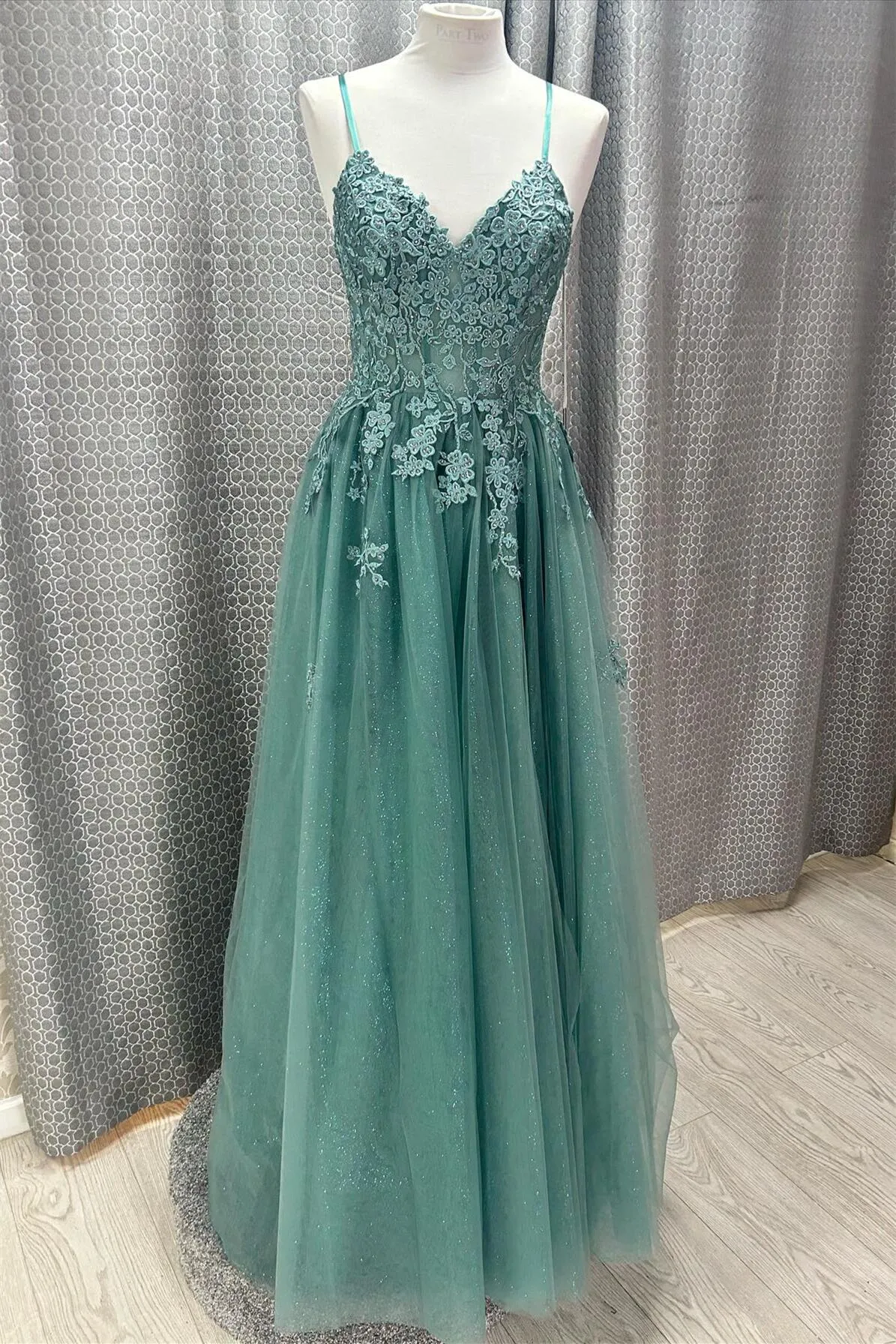 Straps Teal Green Lace Appliques Long Prom Dress