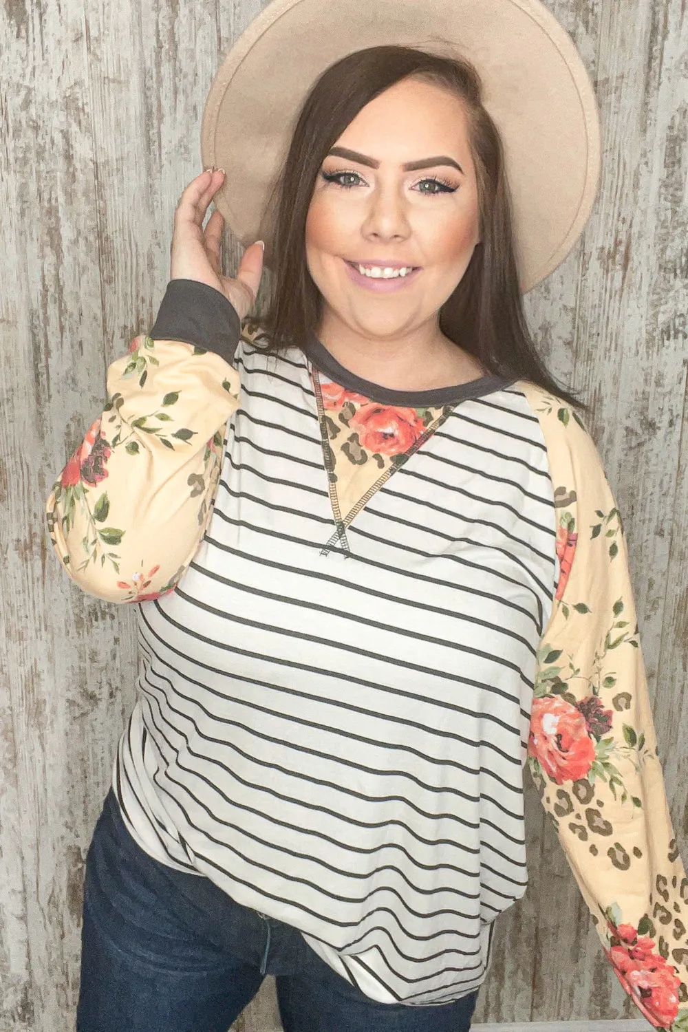 Stripe and Peach Leopard Floral Color Block Top