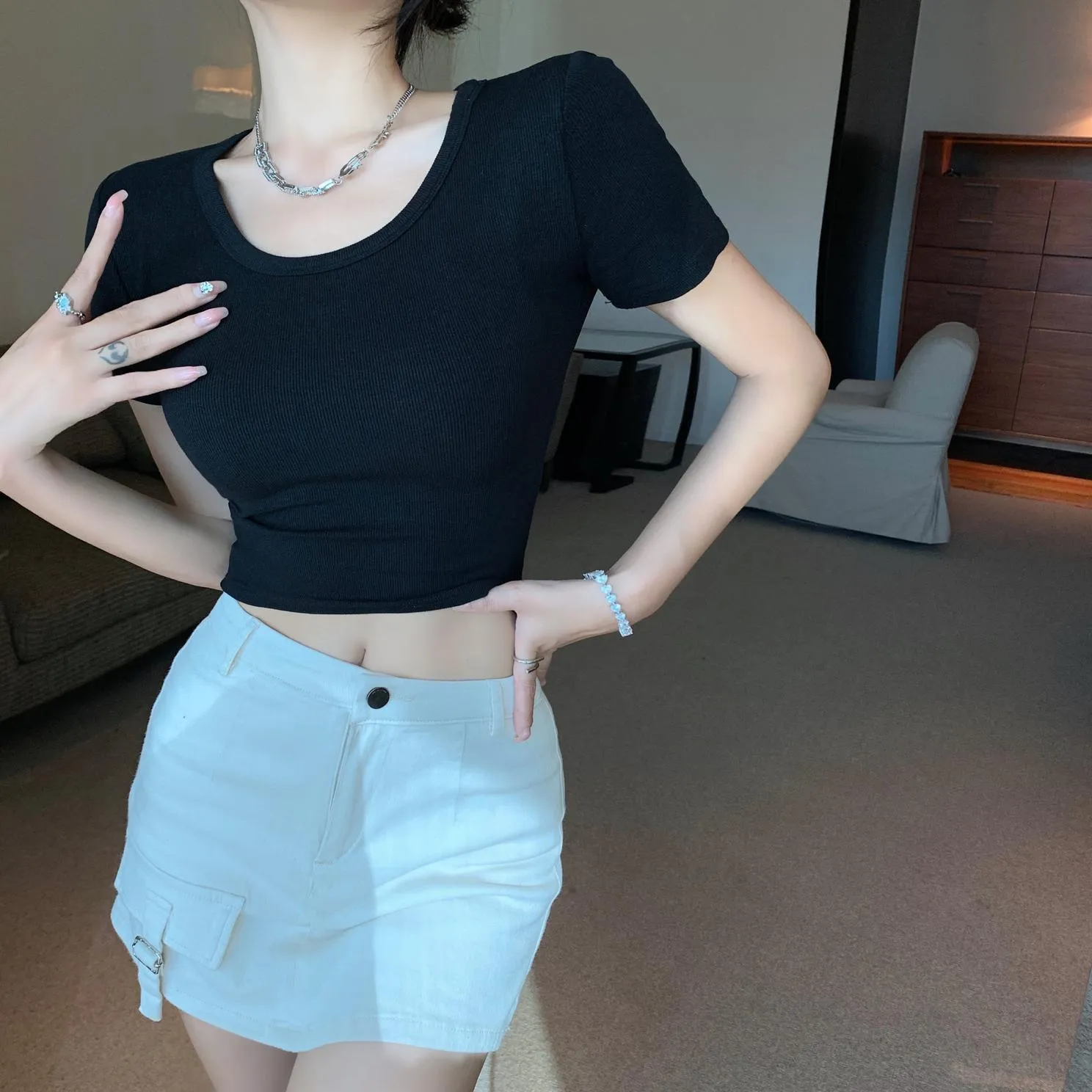Stylish Solid Color Ultra Cropped T-Shirt for Women