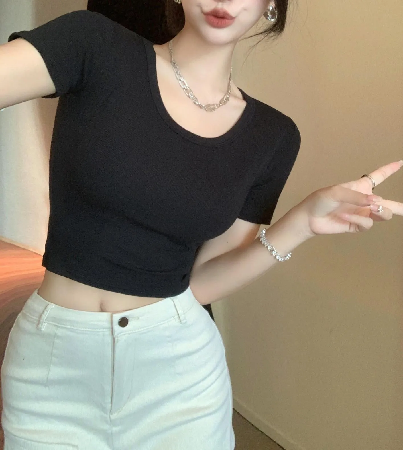 Stylish Solid Color Ultra Cropped T-Shirt for Women