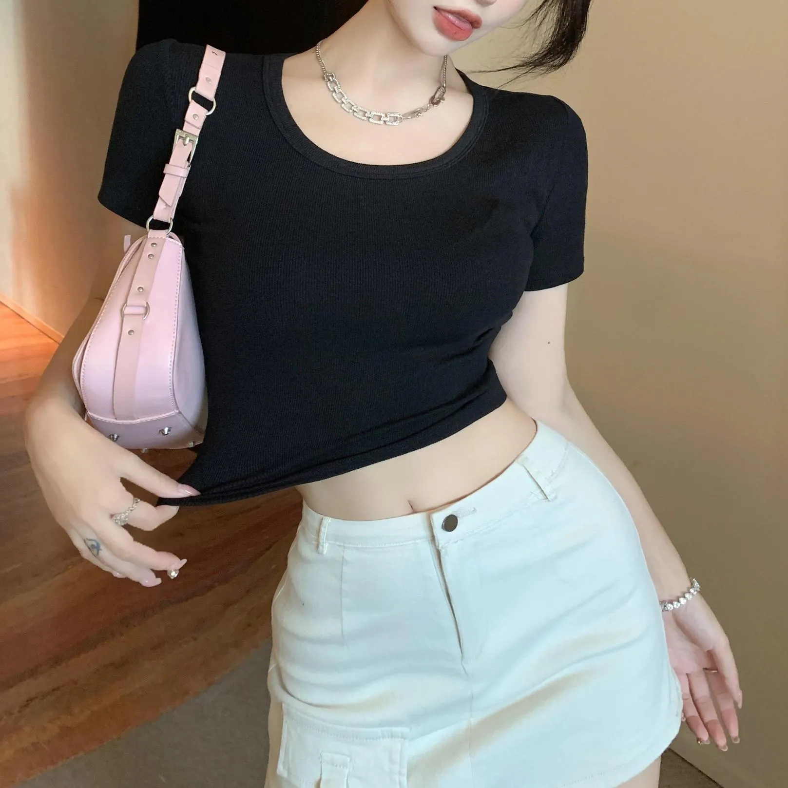 Stylish Solid Color Ultra Cropped T-Shirt for Women