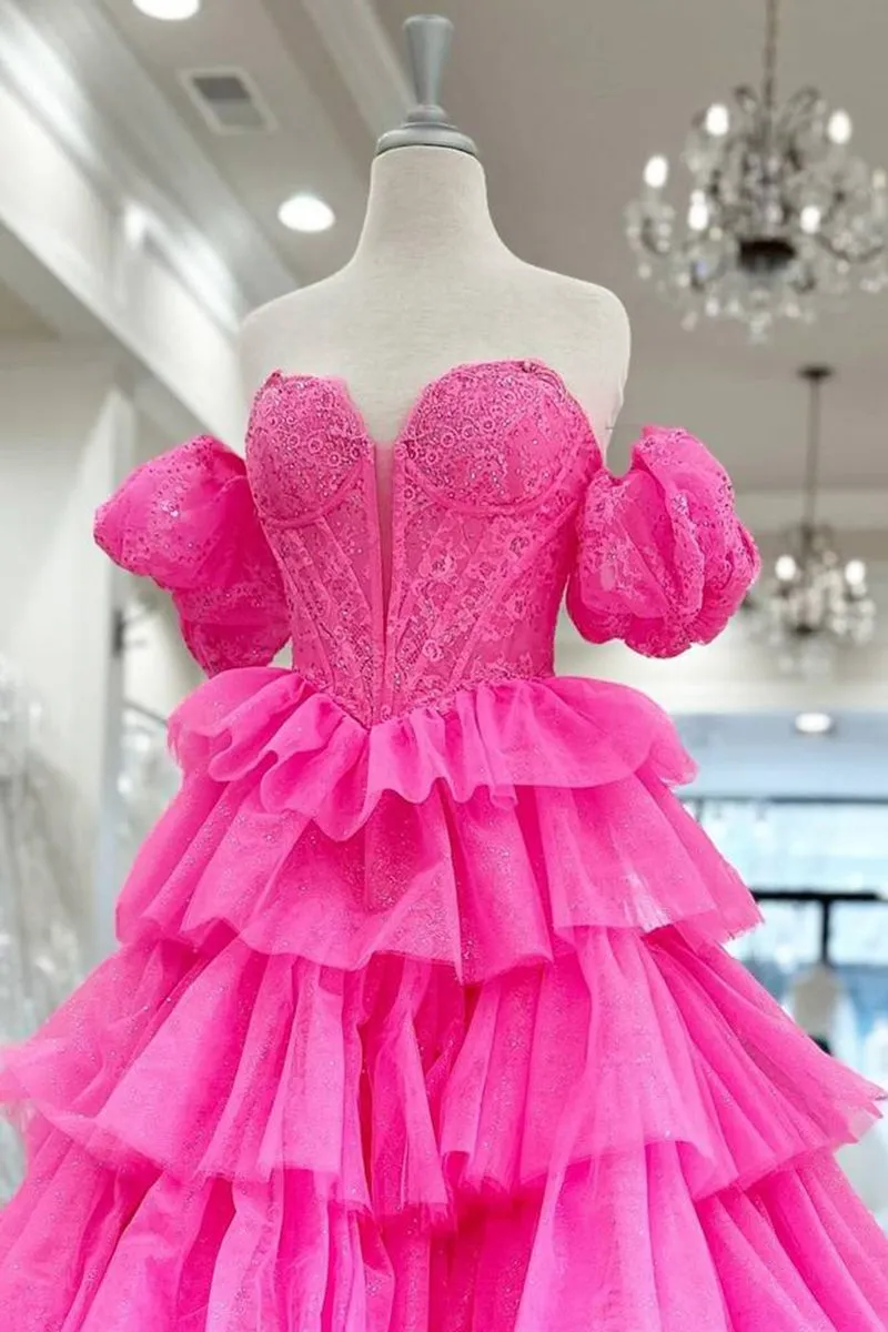 Sweetheart A-line Lace Layered Dresses with Slit
