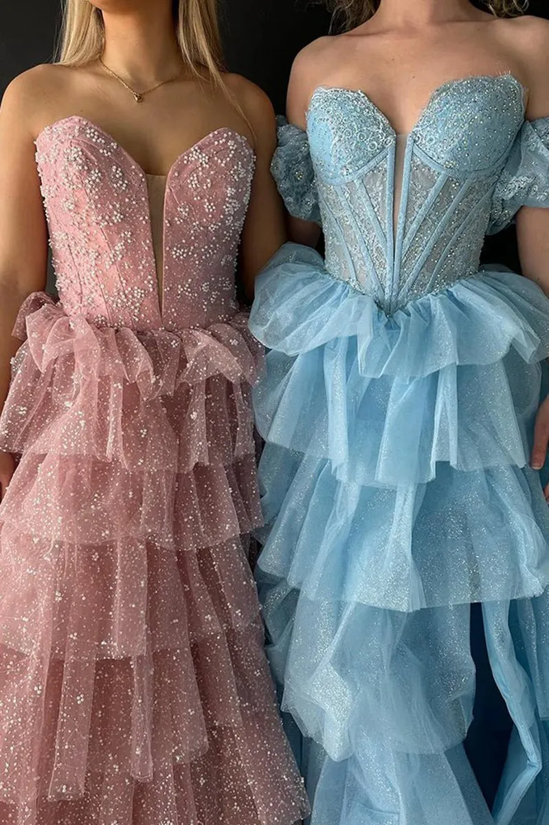 Sweetheart A-line Lace Layered Dresses with Slit