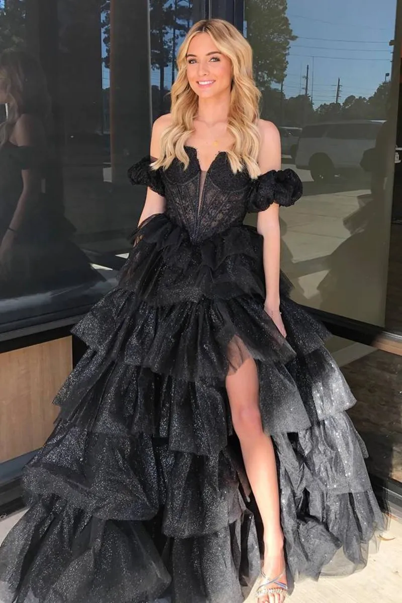 Sweetheart A-line Lace Layered Dresses with Slit