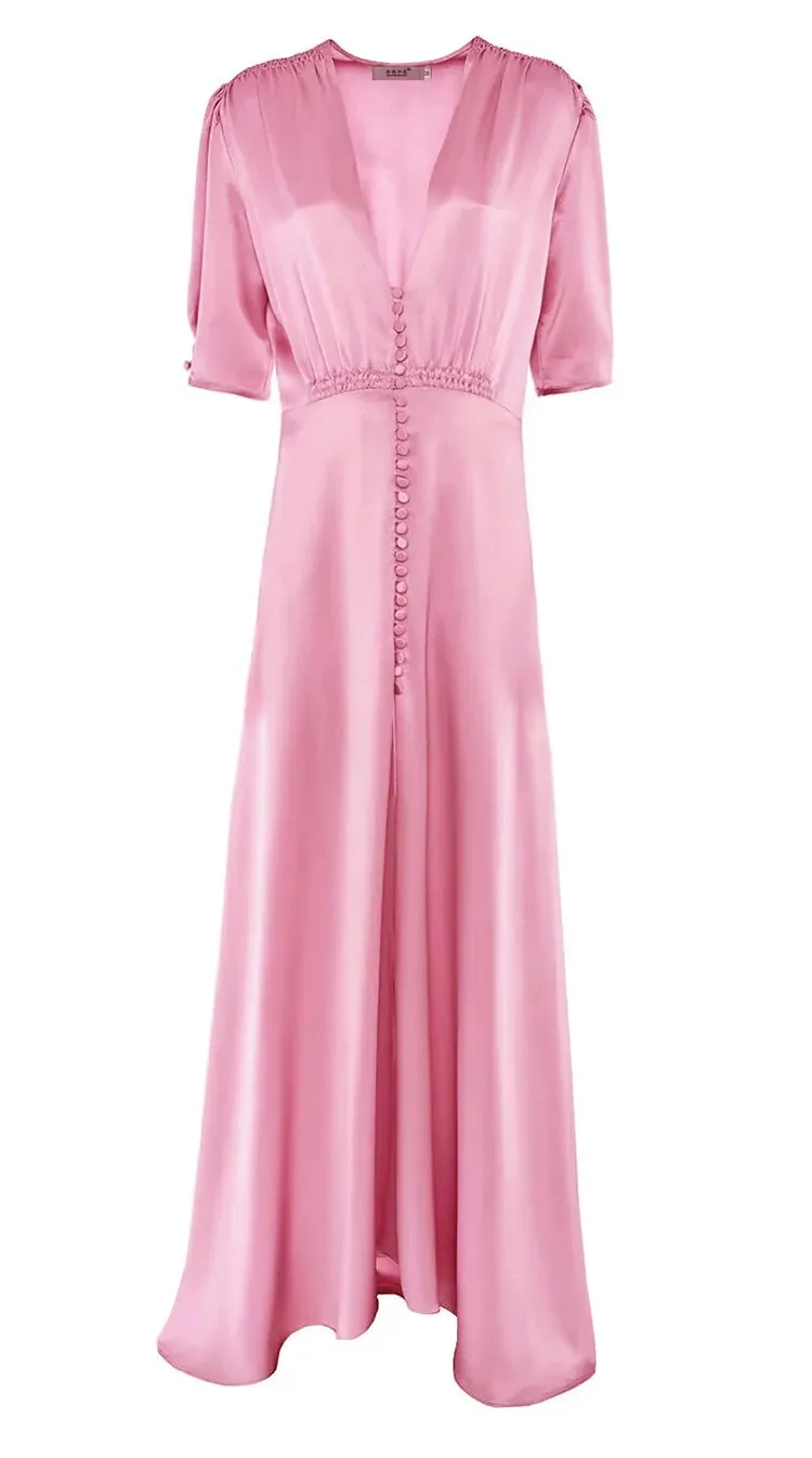 Taliyah V Neck Half Sleeve Button Elastic Waist Slim Irregular Long Dress