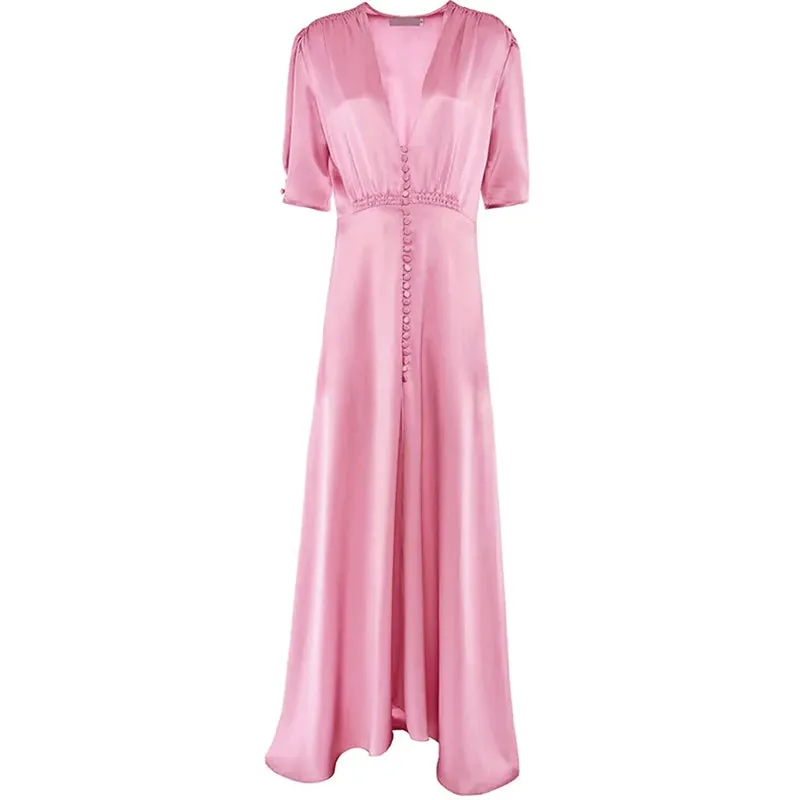 Taliyah V Neck Half Sleeve Button Elastic Waist Slim Irregular Long Dress