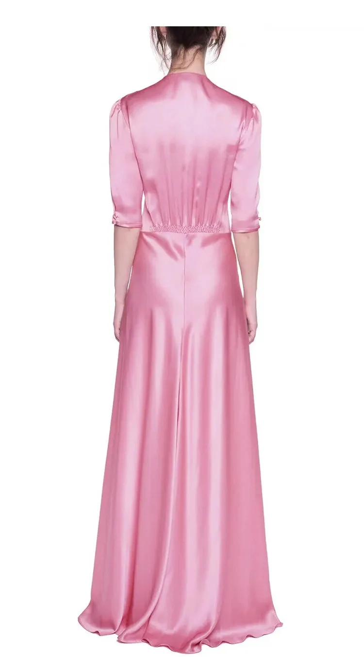 Taliyah V Neck Half Sleeve Button Elastic Waist Slim Irregular Long Dress