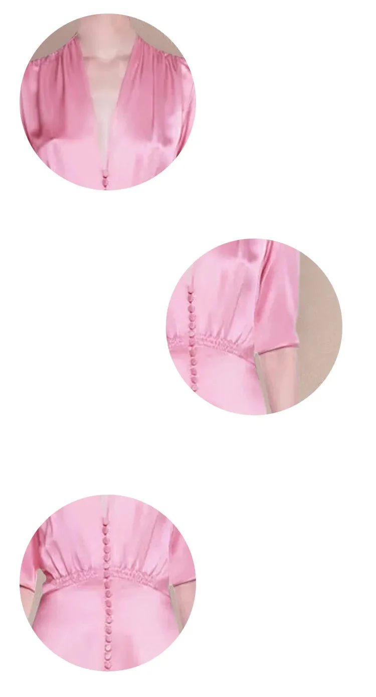 Taliyah V Neck Half Sleeve Button Elastic Waist Slim Irregular Long Dress