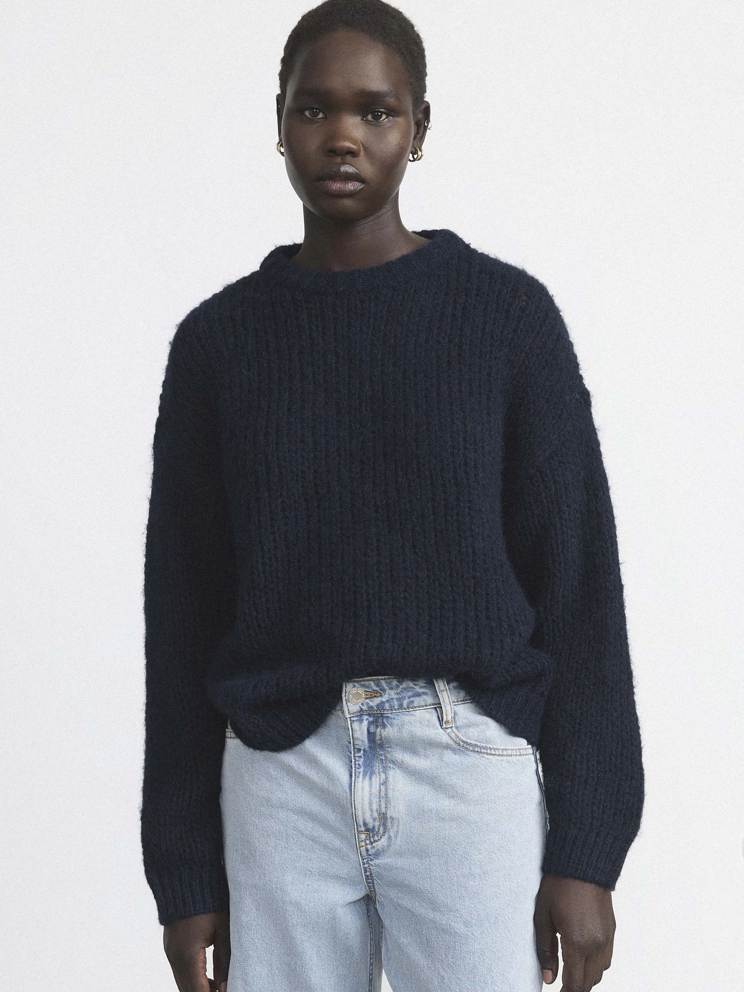 The Fuzzy Openwork Sweater in Deep Blue