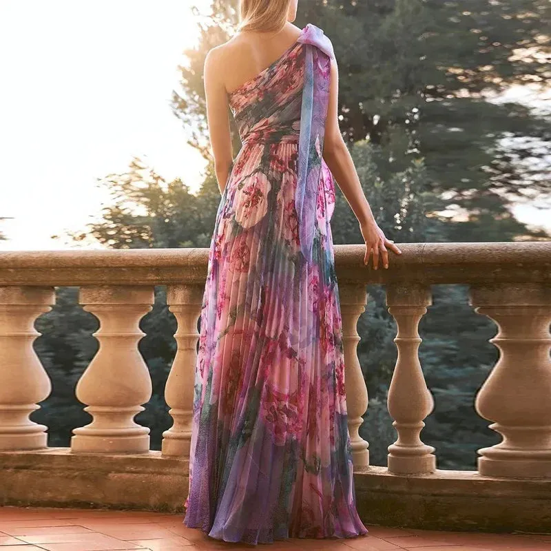 Tie-up Bow One Shoulder Floral Pleated Maxi Dress