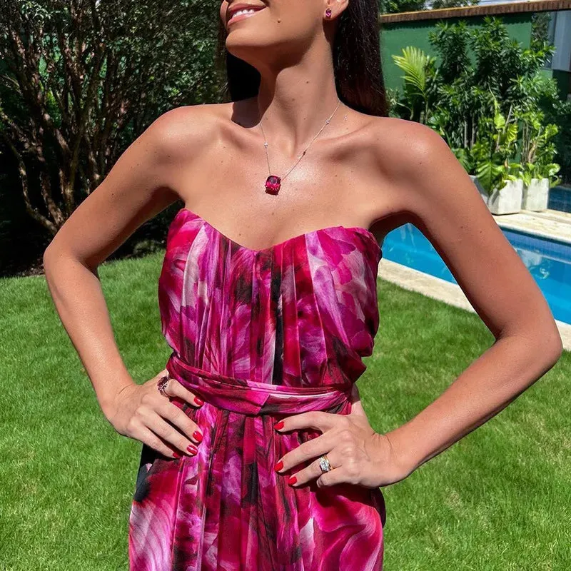 Tie-up Bow One Shoulder Floral Pleated Maxi Dress