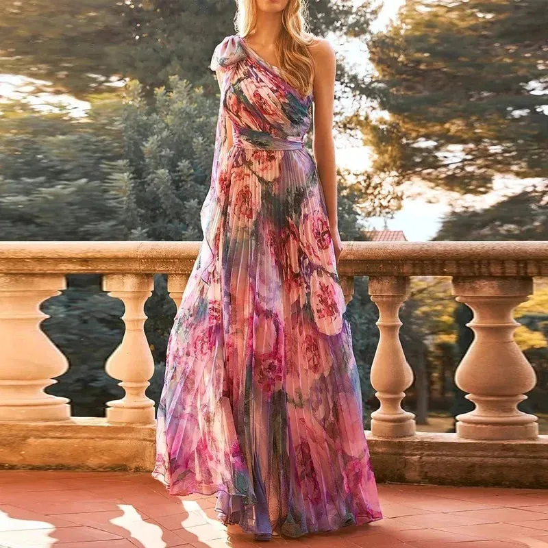 Tie-up Bow One Shoulder Floral Pleated Maxi Dress