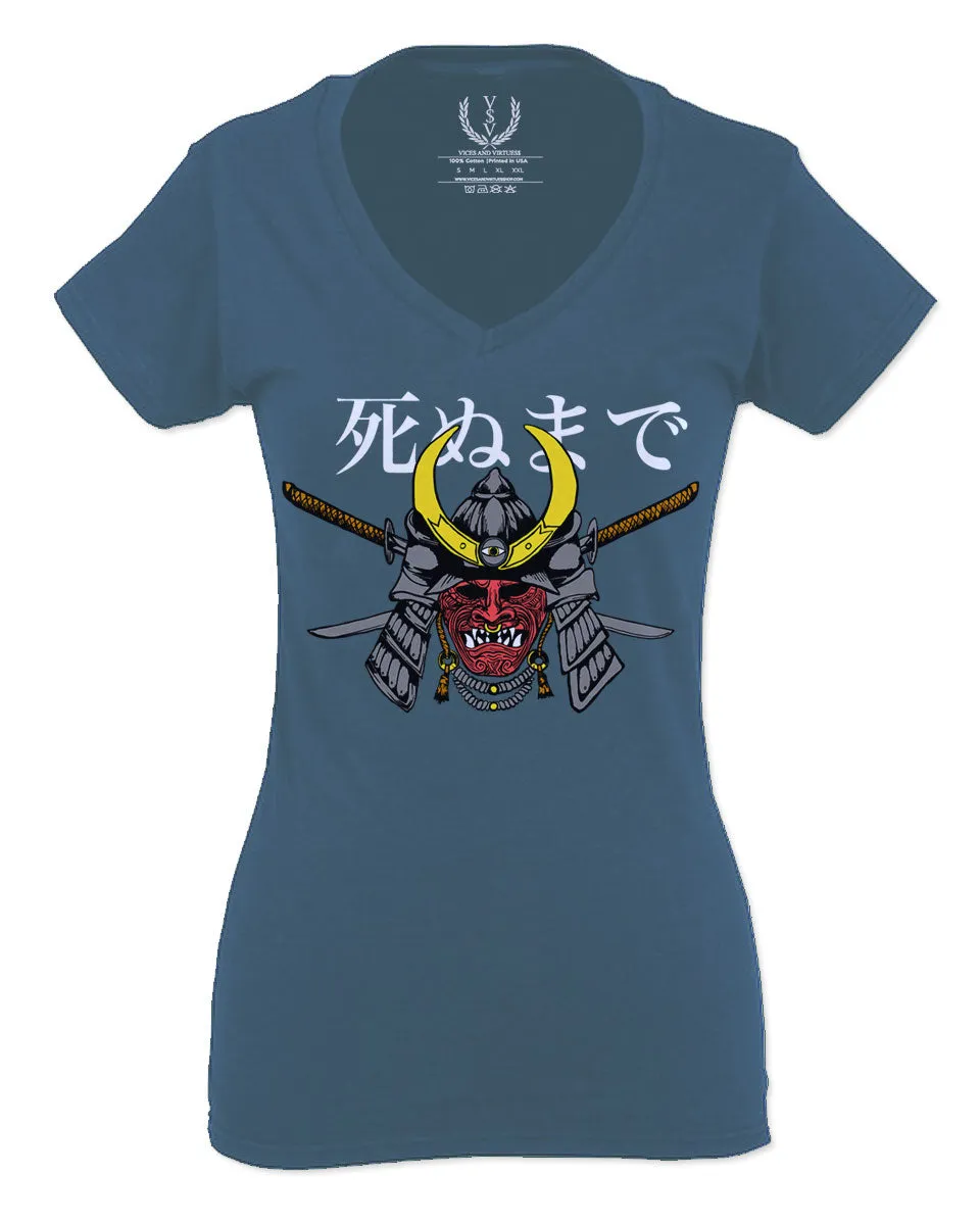 Till Death Vintage Japan Japanesse Warrior Vibes Graphic Aesthetics For Women V neck fitted T Shirt