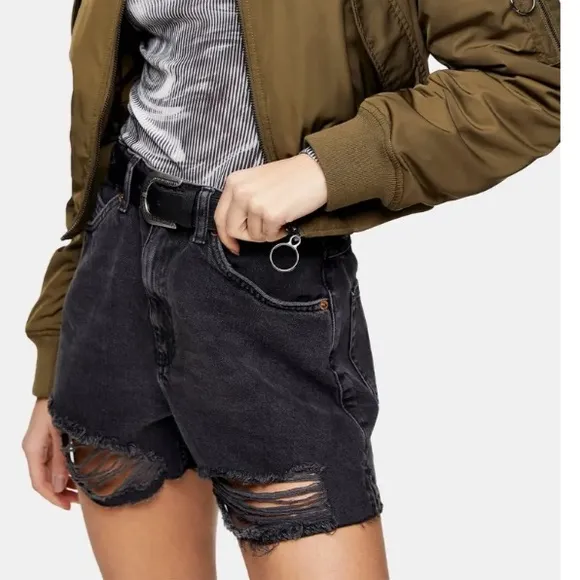 Topshop Distressed Hi-Rise Shorts in Washed Black