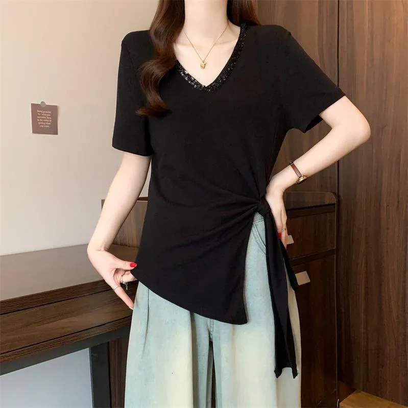 Trendy Plus Size V-Neck T-Shirt with Fashionable Studded Details