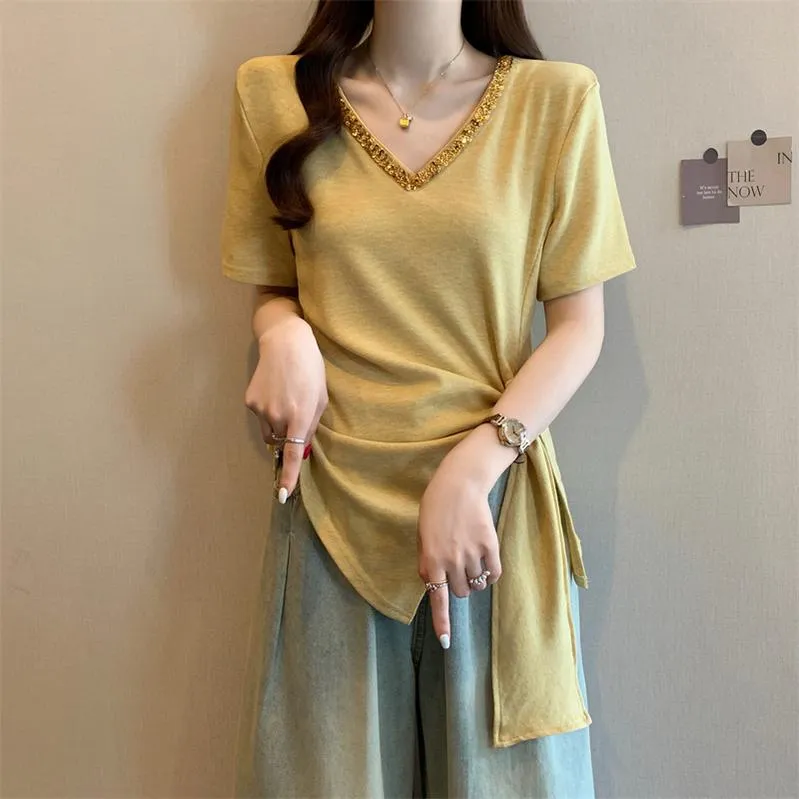 Trendy Plus Size V-Neck T-Shirt with Fashionable Studded Details