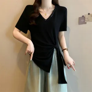 Trendy Plus Size V-Neck T-Shirt with Fashionable Studded Details