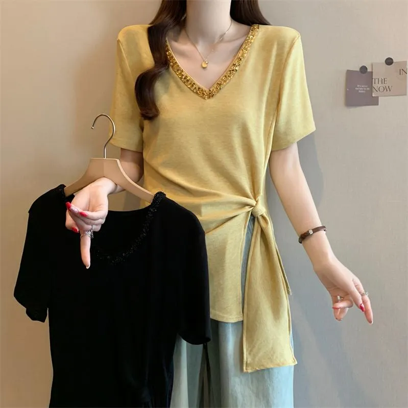 Trendy Plus Size V-Neck T-Shirt with Fashionable Studded Details