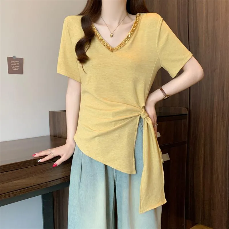 Trendy Plus Size V-Neck T-Shirt with Fashionable Studded Details